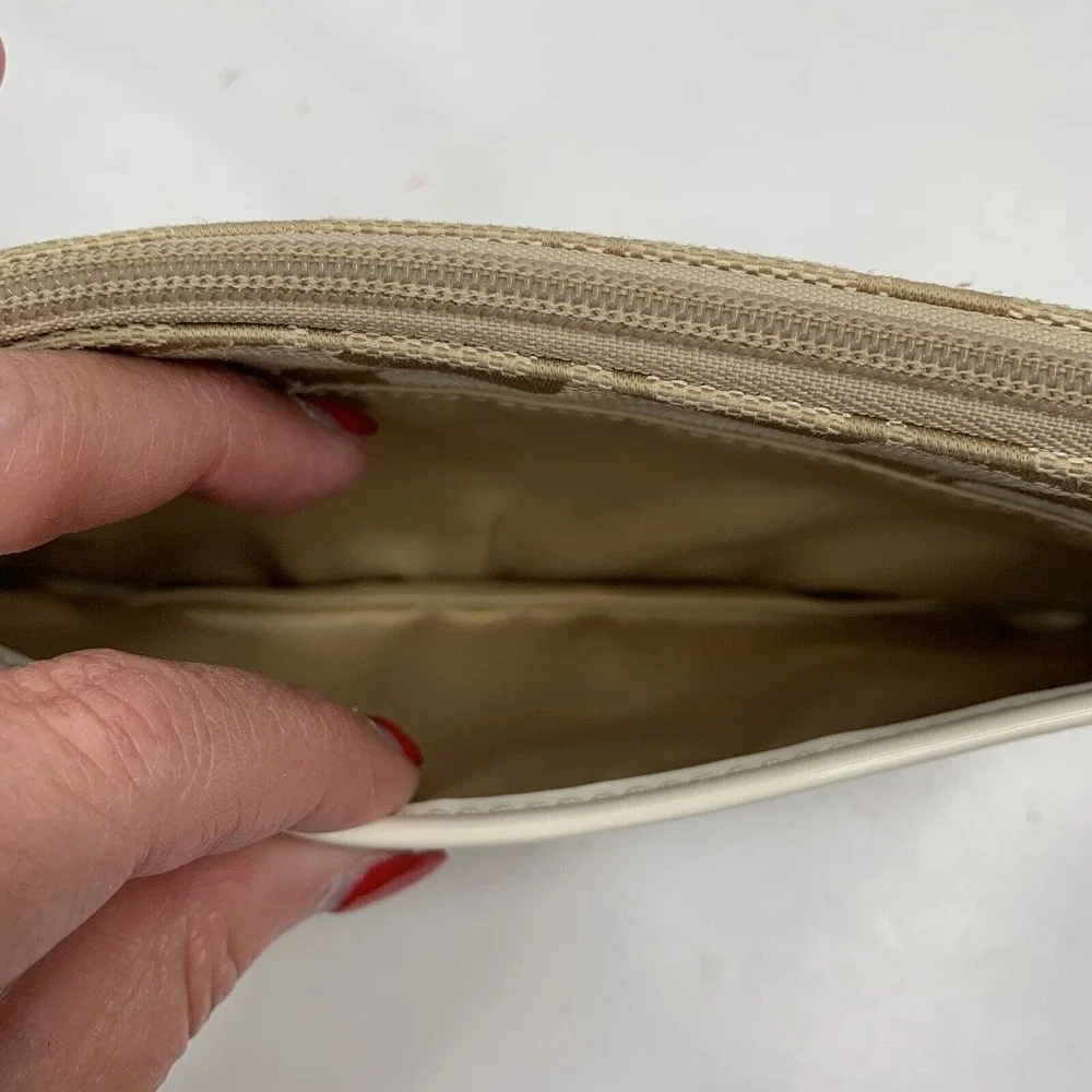 Coach Small Wristlet Signature Jacquard Monogram Khaki Tan White Patent Leather